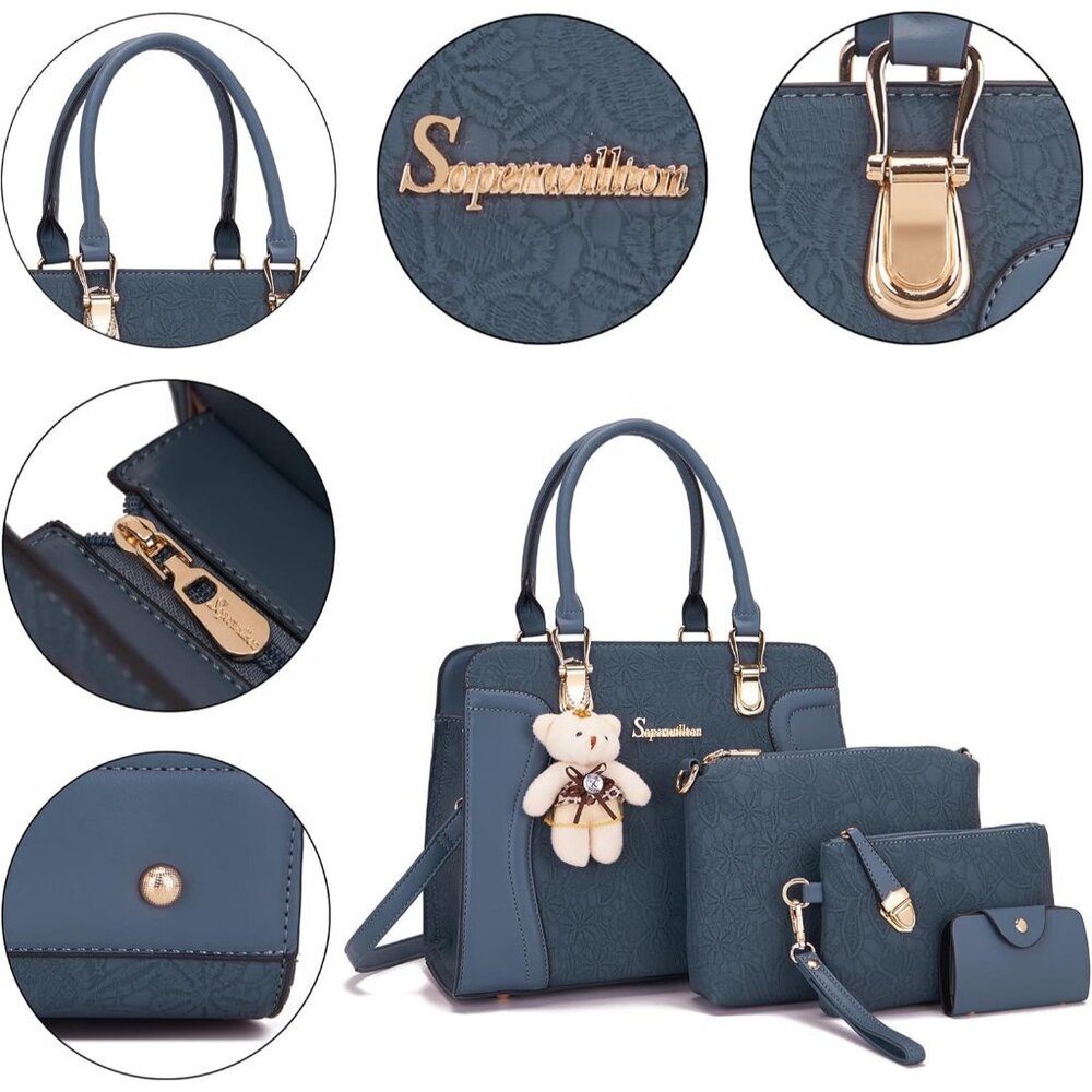 Women's Dark Blue Faux Leather Top Handle High Quality Smooth Zippers Tote Bag - Picture 6 of 7